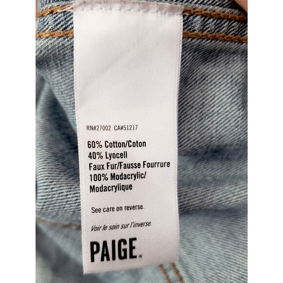 Paige Heidi Faux Fur Collar Cropped Denim Jacket Size Small - Picture 11 of 13